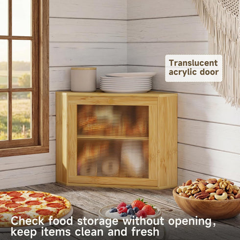 Vellzeyce Countertop,Large-Capacity Countertop Bamboo Bread Box for Kitchen Corner Bread Storage Container, Double