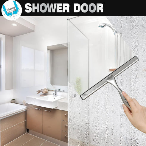 NETANY Shower Squeegee, 10-Inch Silver Stainless Steel Squeegee for Bathroom, Shower Doors, Mirrors, Tiles