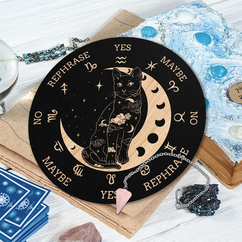 Wooden Pendulum Board 7.9" - Cat Moon Witch Dowsing Divination Planchette Board with Healing Crystal Necklace
