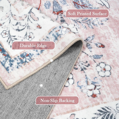5x7 LIVEBOX Machine Washable Rug, Pink Rugs for Bedroom Girls, Soft Boho Floral Nursery Rug, Non-Slip Indoor Ultra-Thin