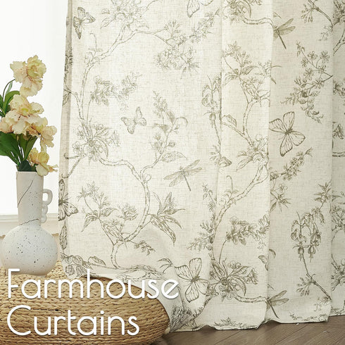 84 Inch 2 Lazzzy Charlotte Green Floral Curtains Length Linen Farmhouse Curtain Back Tab Drapes for Living Room Bedroom