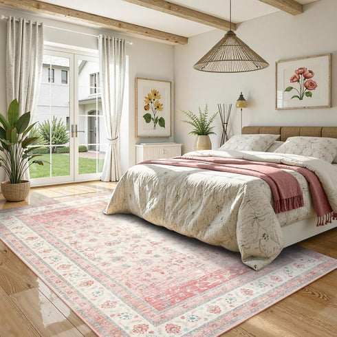 5x7, LIVEBOX Pink Area Rug Washable Living Room Rug, Pink Rugs for Bedroom Girls, Non Slip Vintage Floral Area Rugs