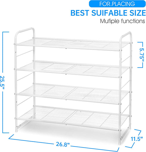 Simple Trending 4-Tier Stackable Shoe Rack - Expandable & Adjustable Shoe Organizer Storage Shelf, Wire Grid, White