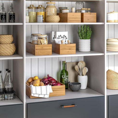 Seville Classics Bamboo Wood Storage Bins - Organizer Boxes for Kitchen, Pantry, Closet, Office (5 Piece 3-Size Set)
