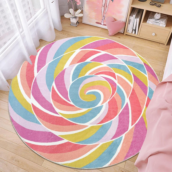 Kids Rug Play Mat 4Ft Round Rainbow Lollipop Girls Bedroom Carpet Circle