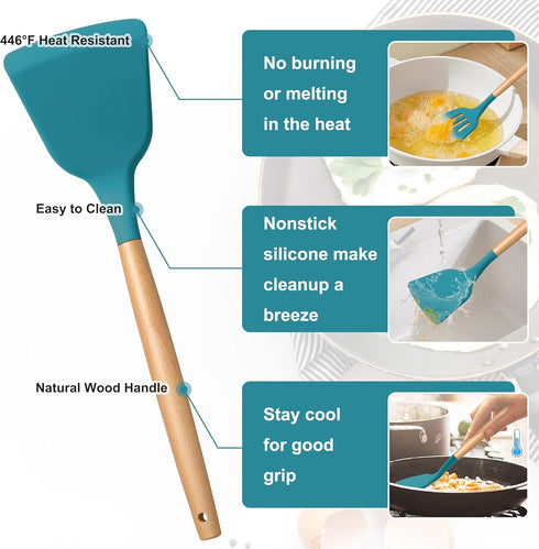E-far Blue Silicone Cooking Utensils Set, 10-Piece Kitchen Tools with Wooden Handle for Nonstick Cookware, Heat