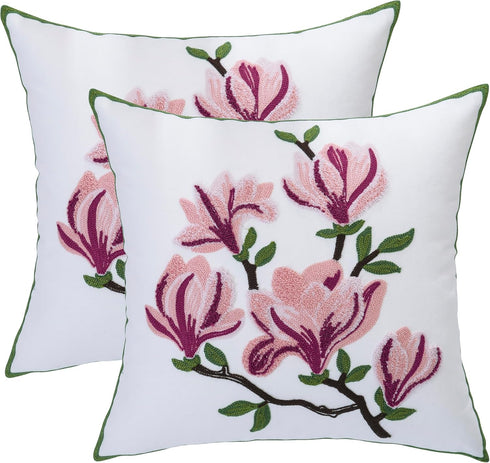 Embroidered Throw Pillow Covers 18x18 Inch Set of 2, Pink Magnolia Flower Spring Pillowcases for Living Room