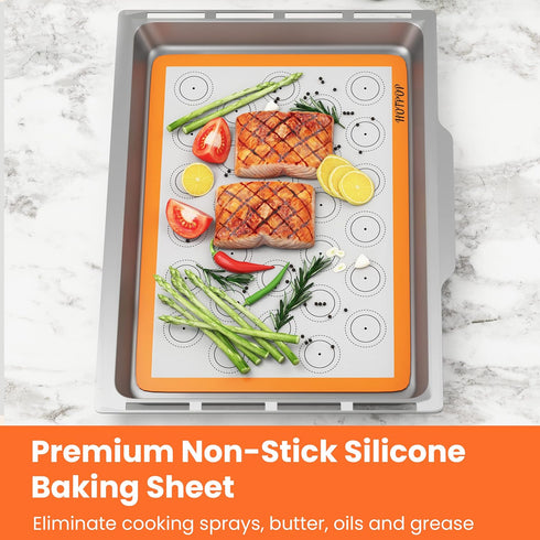 HOTPOP Silicone Baking Sheet Set, 2-Pack, No-Stick Cookie Sheets with Outlined Mats for Macarons, Pastries, Buns, Bread