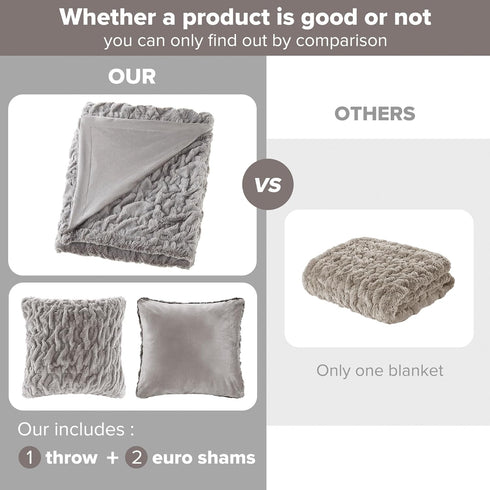 Set 2 50"x 60" Comfort Spaces Ruched Faux Fur Plush Throw Blanket and Pillow with Matching Square Pillow Covers Sofa