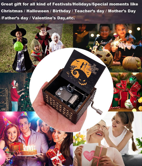 Youtang Hand Crank Music Box, Halloween Christmas Laser Engraved Wood Musical Box Gift for Christmas, Birthday,