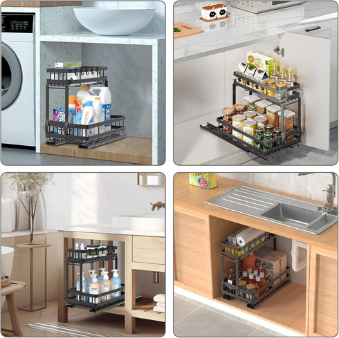 NECHEGI Double Sliding Under Sink Organizer, 2 Tier Pull Out Cabinet Storage Basket, Heavy-Duty Carbon Steel Shelf for