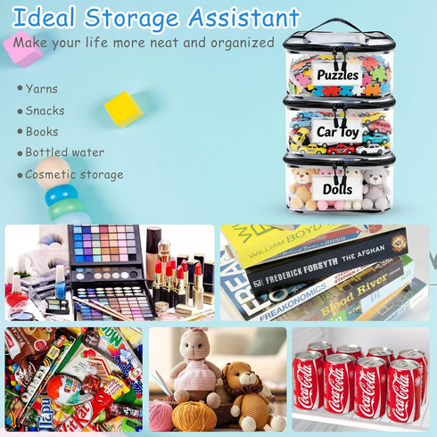 Blissleaf 6 Pack Extra Large Clear Toy Storage Bag with Name Tag,Waterproof PVC Toy Organizer Bags with Zipper & Manual