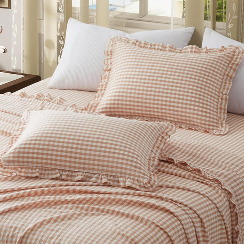 2 20x30 Inch, KKJIAF Pcs Plaid Ruffle Pillow Case Queen Size, Cotton Gingham Ruffled Euro Sham Pillow Covers Linen Feel