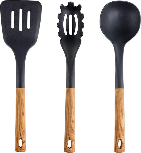 Megachef Nylon Tool Cookware Utensil Set, 7 Piece, Black and Wood Texture