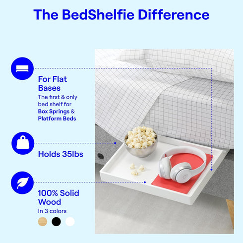 BedShelfie Bedside Shelf for Bunk Bed & Top Bunk, Floating Bed Side Table Tray Storage, College Dorm Essentials - White