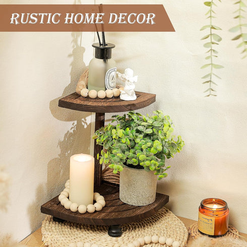 Tikea Decorative Wood Riser for Display, 2-Tier Rustic Corner Shelf for Kitchen Bathroom Counter Decor, Pedestal Stand for Soap Dispenser, Candle and Plant (Brown)