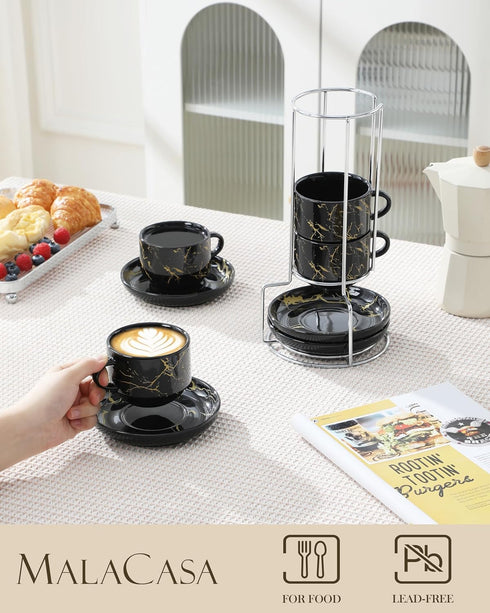 8 OZ Set 4, Set MALACASA Porcelain Espresso Cups with Saucers and Metal Stand of Stackable Cappuccino Cups, Marble