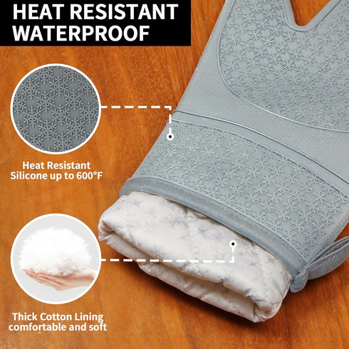 Hovico Silicone Oven Mitts, 2PCS Grey Oven Gloves with Non-Slip Waterproof, Heat Resistant 600 Degree