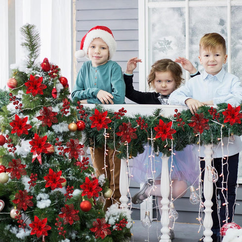 60 6 Poinsettia Pcs Silver Styles Christmas Artificial Flowers with Glitter Berries Stems Tree Picks for Christmas Tree