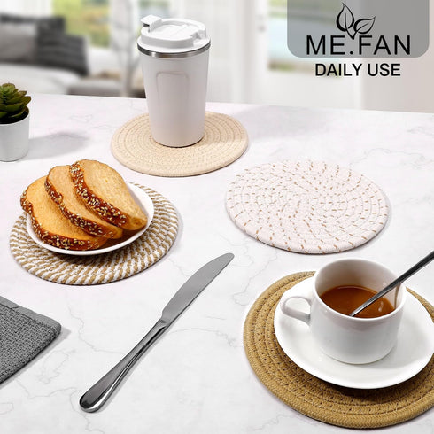 ME.FAN 4 Set Cotton Thread Weave Trivets, 7 Inch Hot Pads for Hot Pots and Pans, Mix 2 Large Coasters