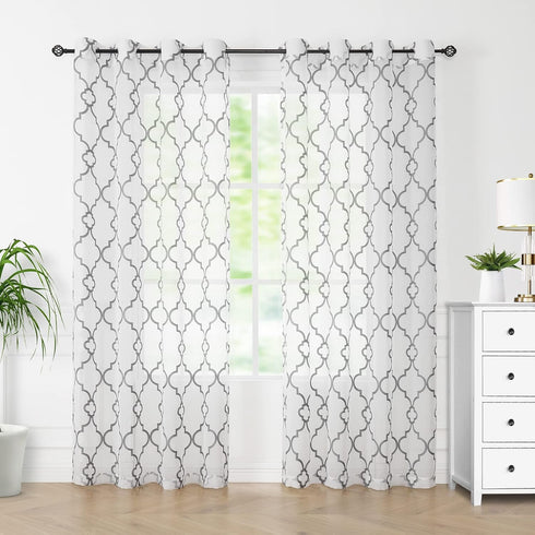 Moroccan Embroidered Semi Sheer Curtains, 108" Long Linen Textured Grey White Geometric Drapes for Living Room