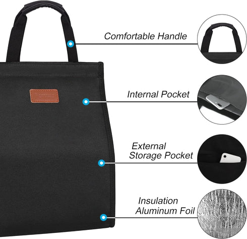 Insulated Lunch Bags for Women - Reusable Lunch Tote with Internal Pocket, Adult Lunch Tote Bag for Work - Black