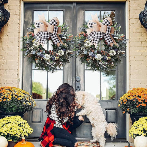 Buffalo Plaid Burlap Bows - 2 Pack 12”x9.4” Large Rustic Farmhouse Decor Tree Topper Check Bow for Fall Wedding
