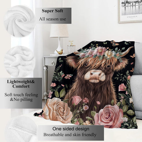 60x80in Highland Cow Blanket Cute Cattle with Floral Crown Throw Blankets,Gifts for Kids Adult Women Men,Lightweight