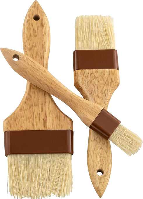 Durable Hardwood 1, 2, 3in Boar Bristle Pastry Brush Set for Basting Meat, Spreading Butter, BBQ Sauce or Marinades