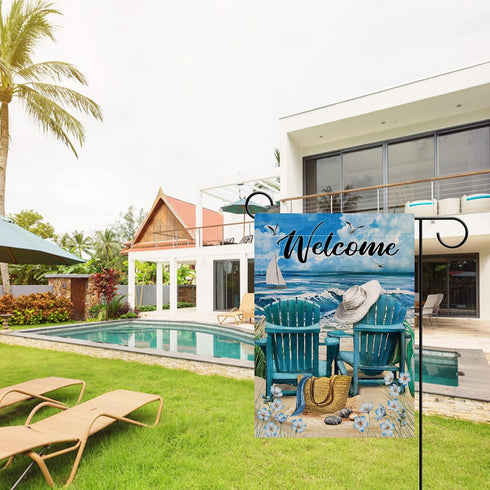 Welcome Summer Blue Sea Ocean Chairs, Myosotis Sylvatica Flower Beach Garden Flag, Tropical Outdoor Decor for Yard