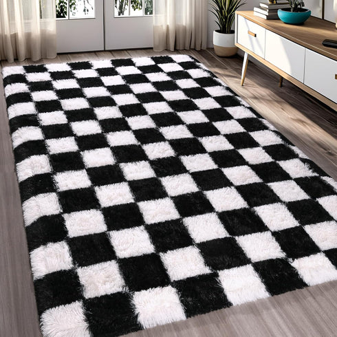 5x7 Rugs for Living Room Bedroom, ft Black and White Checkered Area Rug, Fluffy Soft Washable Carpet, Modern Non-Slip