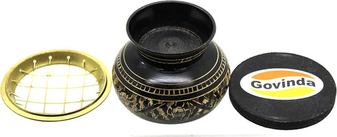 Govinda Small Decorated Brass Charcoal Screen Incense Burner with Wooden Coaster