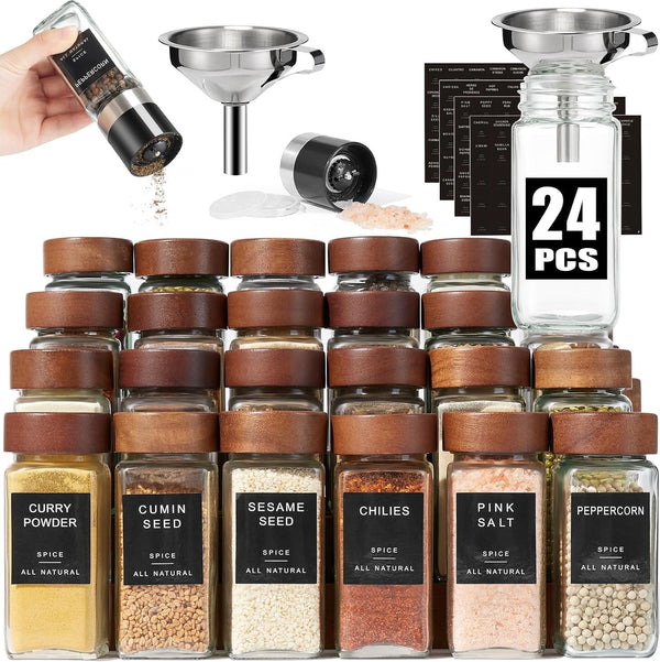 Yangbaga 24Pcs Glass Spice Jars with Labels-4OZ Wood Lid Square Spice Containers