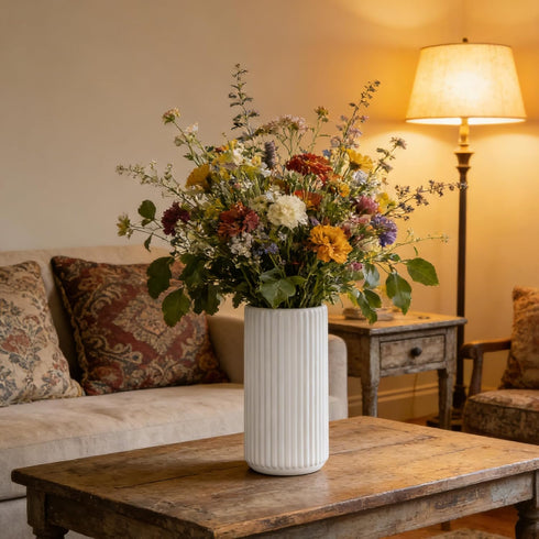 8 inch Countertop, White Ceramic Flower Vase for Pampas Grass, Small Decorative Centerpiece Ribbed Vase for Dining