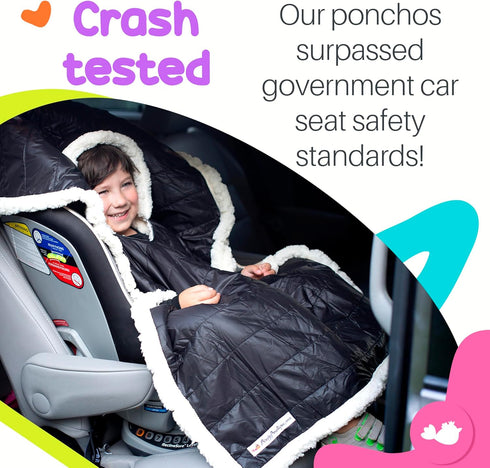 Birdy Boutique Car Seat Poncho for Kids, Reversible Warm Blanket, Safe Over Seat Belts, Black, One Size