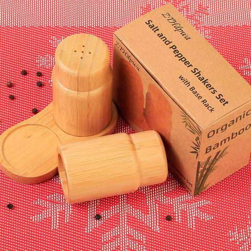 Salt and Pepper Shakers Set with Base Rack, Bamboo Wooden Cute Salt and Pepper Shaker for Kitchen Counter or Table as Farmhouse Countertop Decorations and Wedding Gifts by ZTHapwa