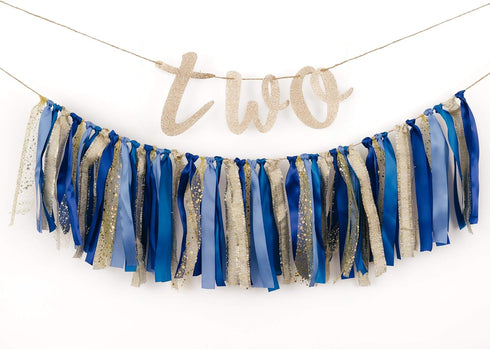 2nd PapaKit Birthday Boy High Chair Decorations - Blue & Gold Ribbon Garland, "TWO" Banner, Toddler Crown, Bow Tie