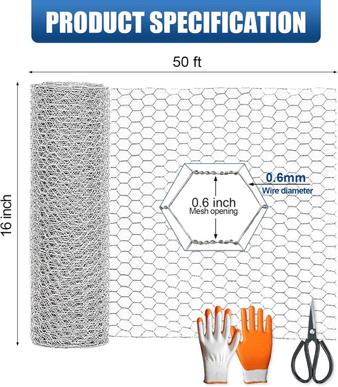 Wire,16"50FT Chicken Chicken Wire Fencing for Garden Poultry, Hexagonal Galvanized Chicken Wire Mesh, Sturdy Chicken