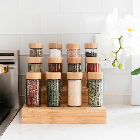 24PK Set 4oz, 374 SAVVY & SORTED Glass Spice Jars with Label, Round Bamboo Jar Spices Spice Labels, Pepper Grinder