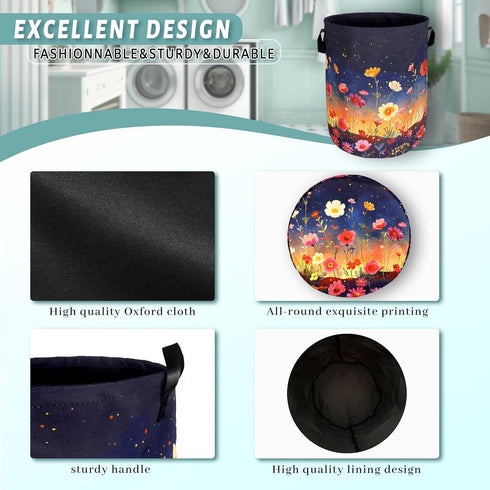 Colorful Flowers At Night Laundry Basket, Waterproof Oxford Cloth Tote Bag, 18.9" x 16.5" for Bathroom/Laundry Storage