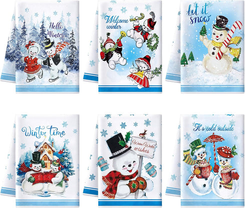 FuWeave 6 Pcs Hello Winter Kitchen Towels Snowman Dish Blue Snowflake Tea