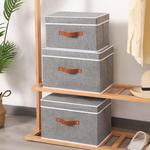Fabric Storage Bins with Lids, Linen Foldable Storage Boxes, Closet Storage Organizer Containers with Handles, Grey,