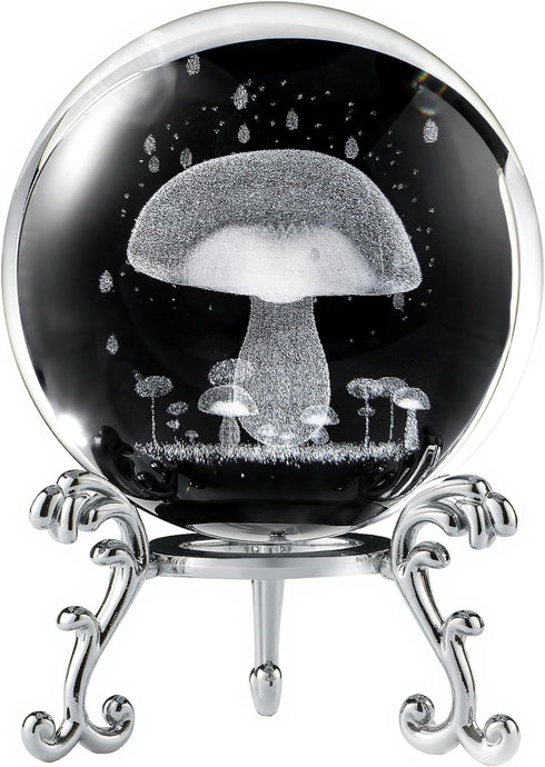 3D 60mm HDCRYSTALGIFTS Mushroom Crystal Ball Laser Engraved Decorative Ball Glass Sphere with Stand Paperweight