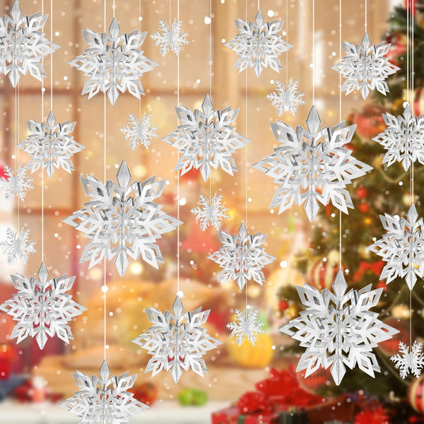 12PCS Snowflake Christmas Decorations, 3D Large Silver Paper Snowflakes Garland for Winter Wonderland Christmas Party