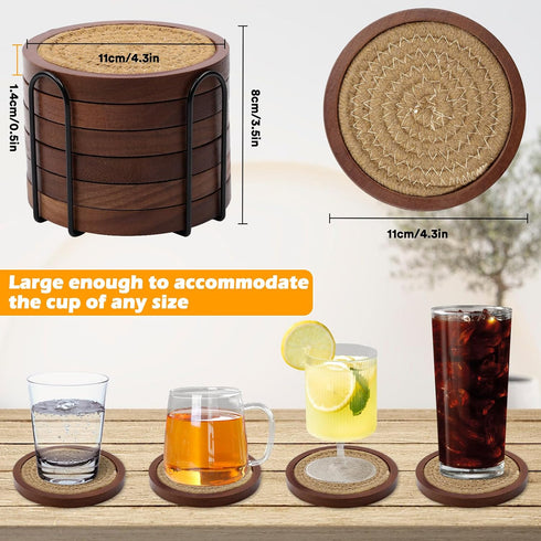 6 Pack 4.3 Inches Mckanti Wood Coasters for Drinks with Cotton Coasters Insert, Wooden Coasters with Holder for Coffee