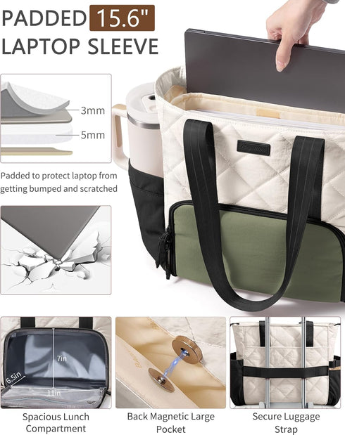 Bagstellar 15.6 Inch Puffer Lunch Tote Bag for Women, Laptop Work Bag with Insulated Lunch Compartment & Large Cup