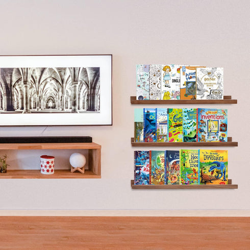 24 Inch 3 MBYD Floating Wall Shelves Wood Photo Picture Ledge Shelf, Light Walnut Nursery Kids Bookshelf Same Sizes