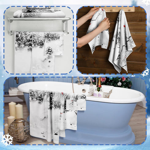3 Pack Set Preboun Christmas Snowman Bathroom Towels Grey Winter Forest Hand Towels Snowflakes Bath Towels Cardinal