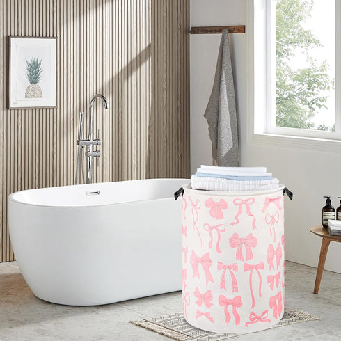 SEASINK 17.71"x13.77" Pink Laundry Basket Bow Decor for Girls Room Cute Teens Nursery Hamper Kids Bin for Dorm Bathroom