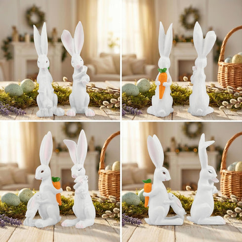 2Pcs 5.5 Inch Easter Bunny Decorations - White Resin Easter Rabbits with Carrot, Decorative Bunnies Mom with Kids